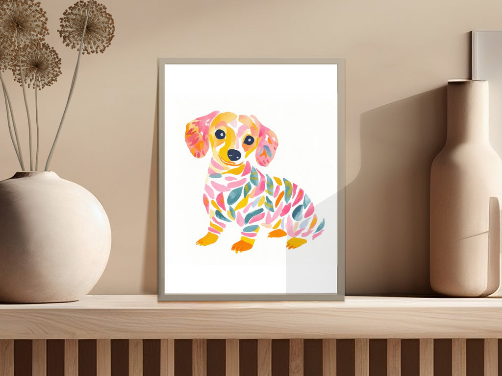 Watercolor painting of a colorful dachshund with vibrant, abstract patterns.