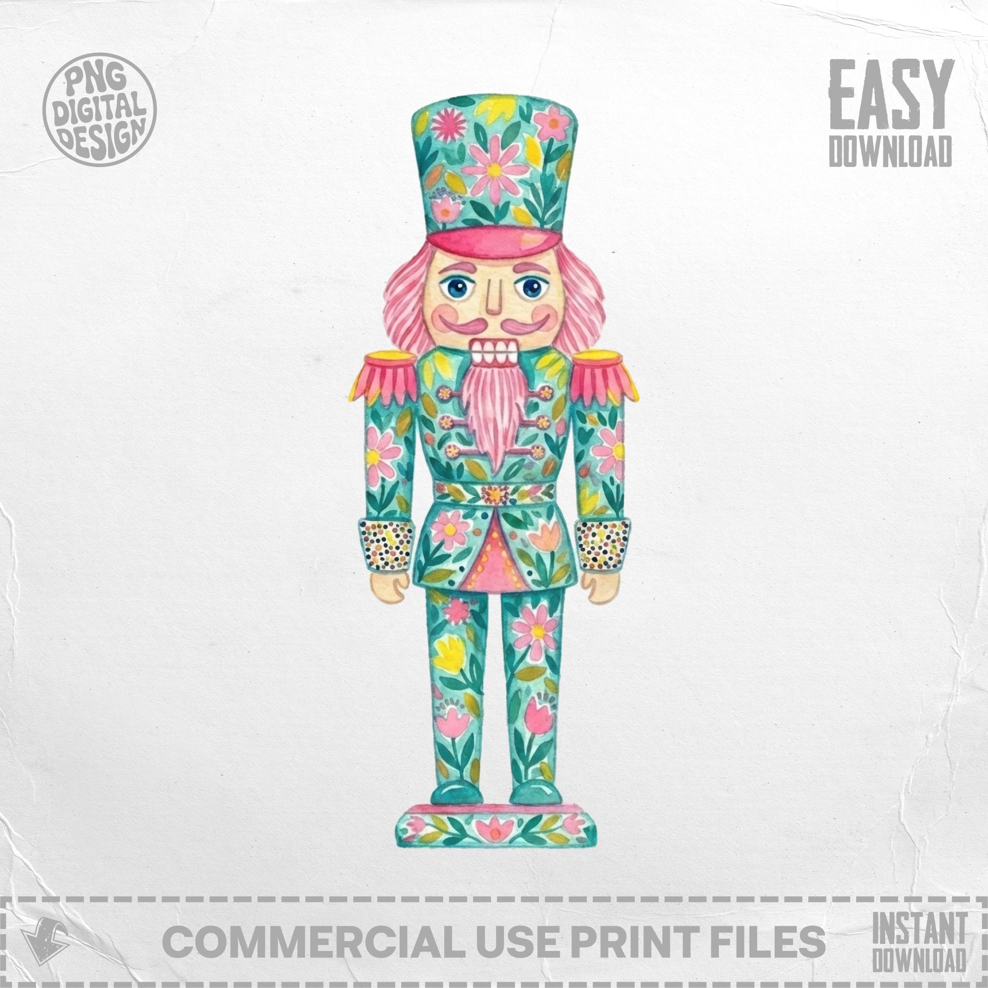 Watercolor nutcracker soldier with floral pattern and pink hair.
