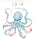Blue watercolor octopus with pink and yellow flowers, "Clip Art by Moore & Mountain".