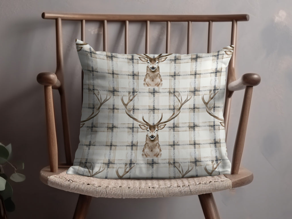 Rustic Deer Patterned Cushion with Plaid Design Pillow