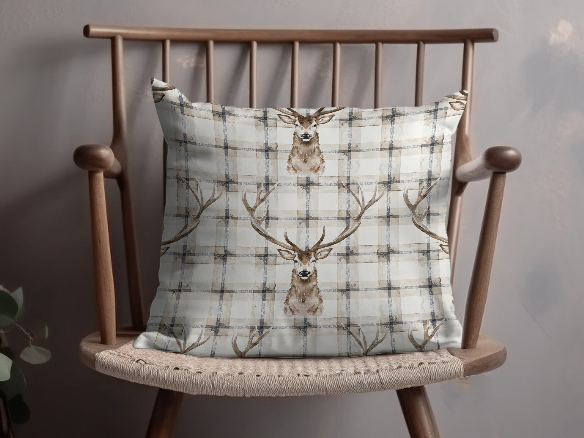 Rustic Deer Patterned Cushion with Plaid Design Pillow