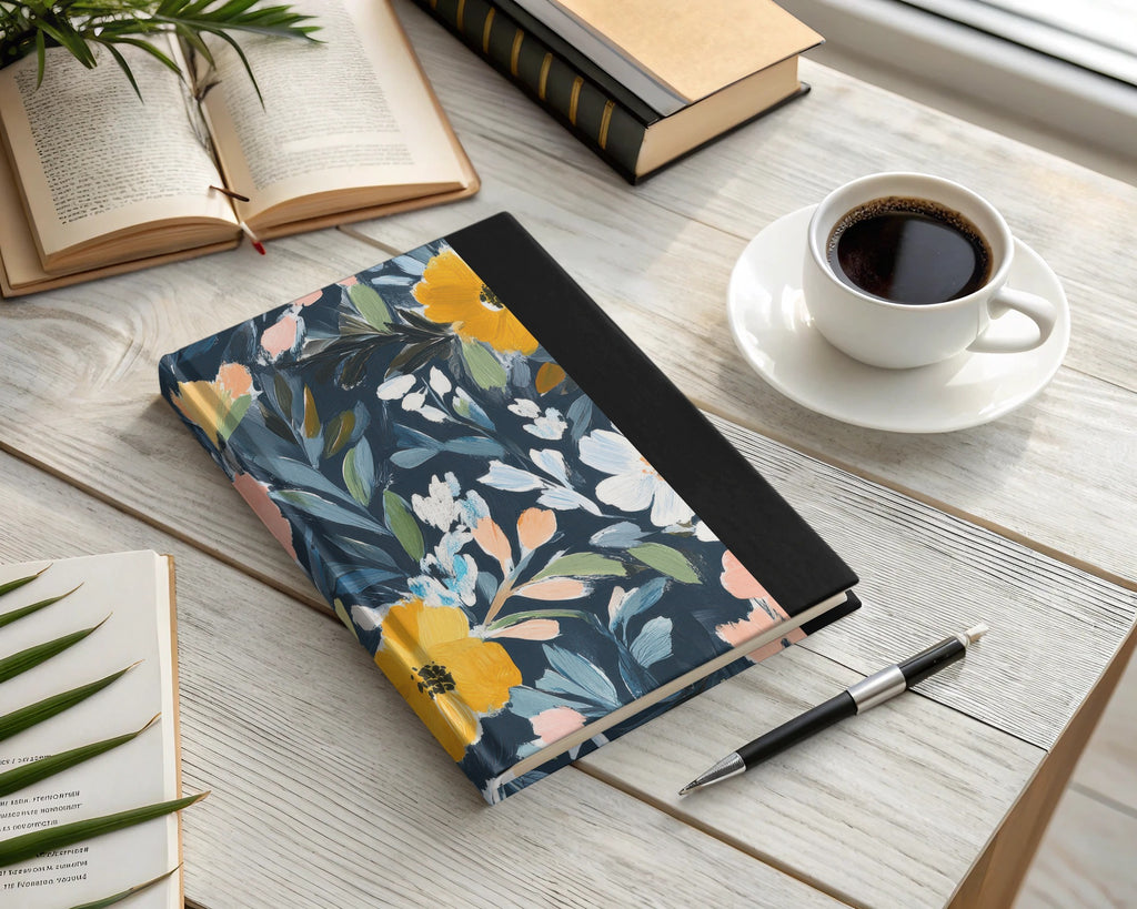 Floral Pattern Hardcover Notebook with Black Spine
