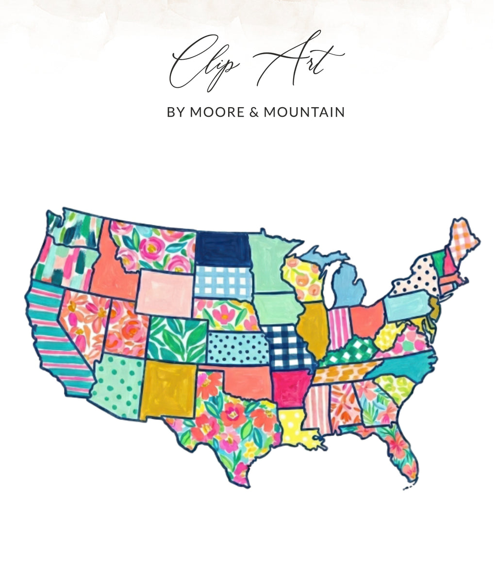 Colorful clip art map of the USA with floral and geometric patterns.