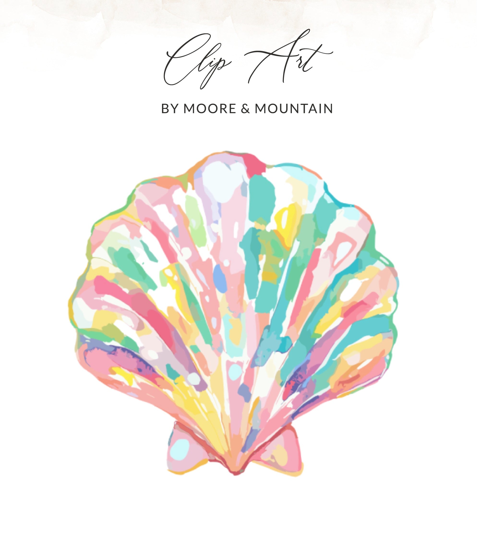 Watercolor seashell clip art with "Clip Art BY MOORE & MOUNTAIN" text.