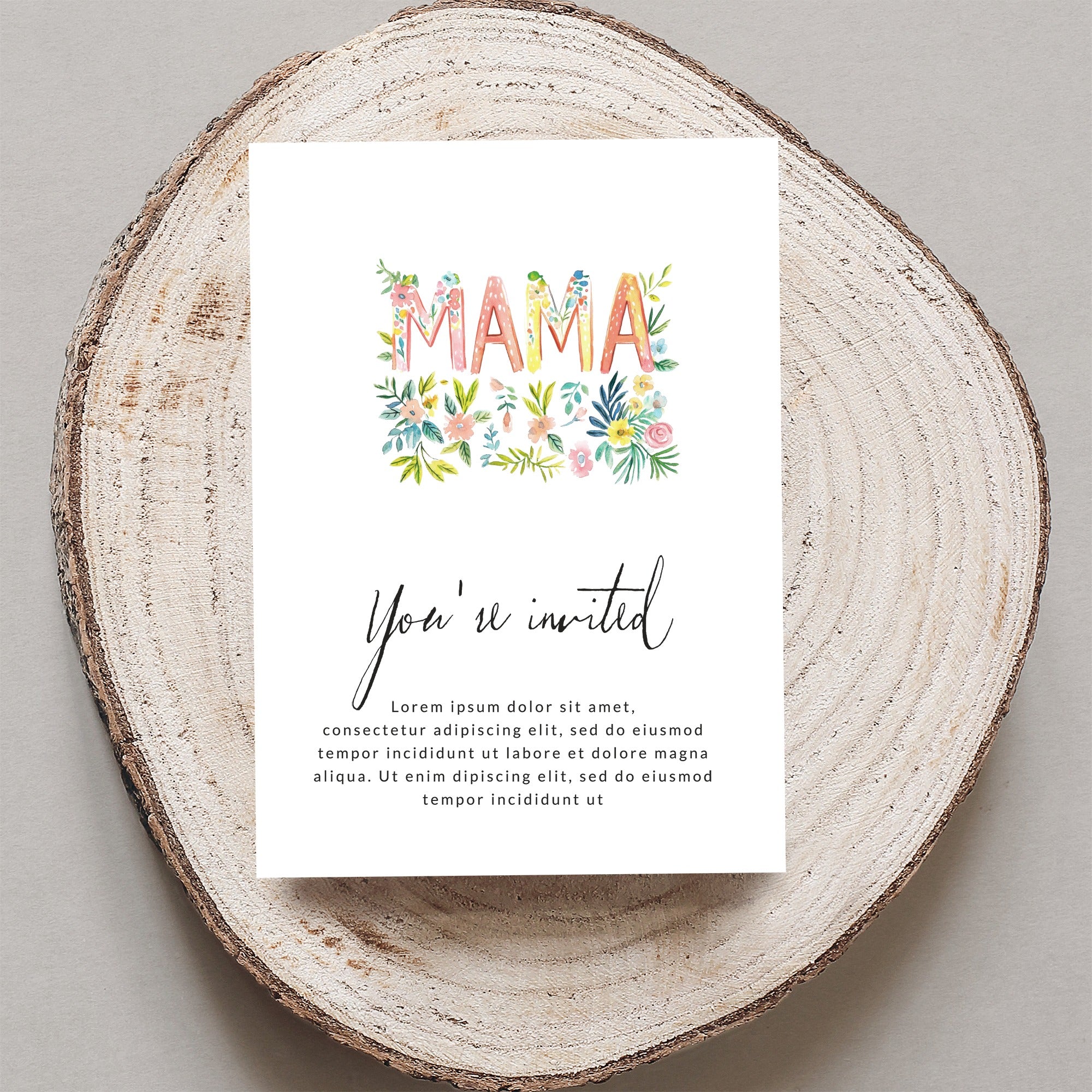 Invitation card with "MAMA" and floral accents, text reads "You're invited".