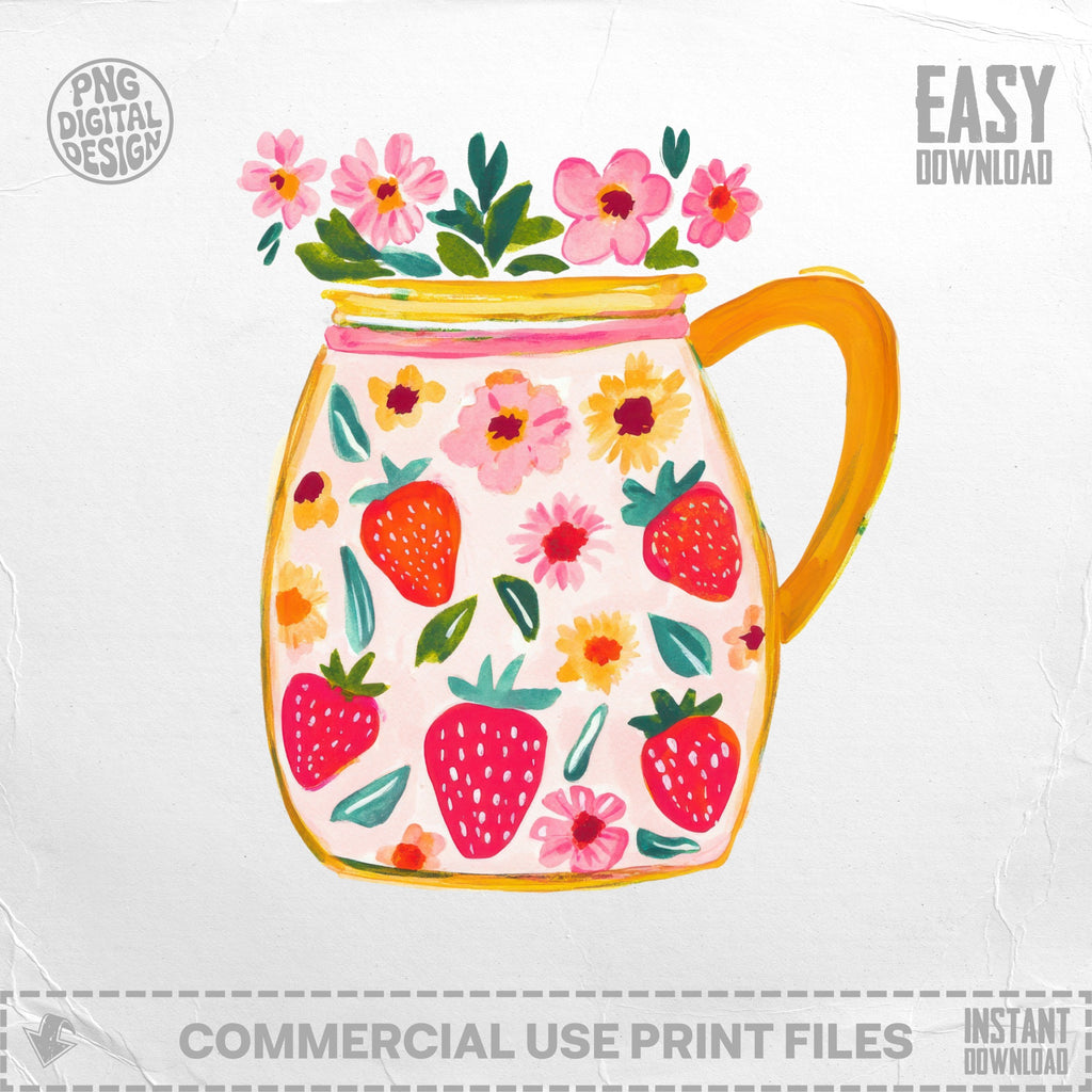Yellow mug with strawberries, flowers, and "Easy Download" text.