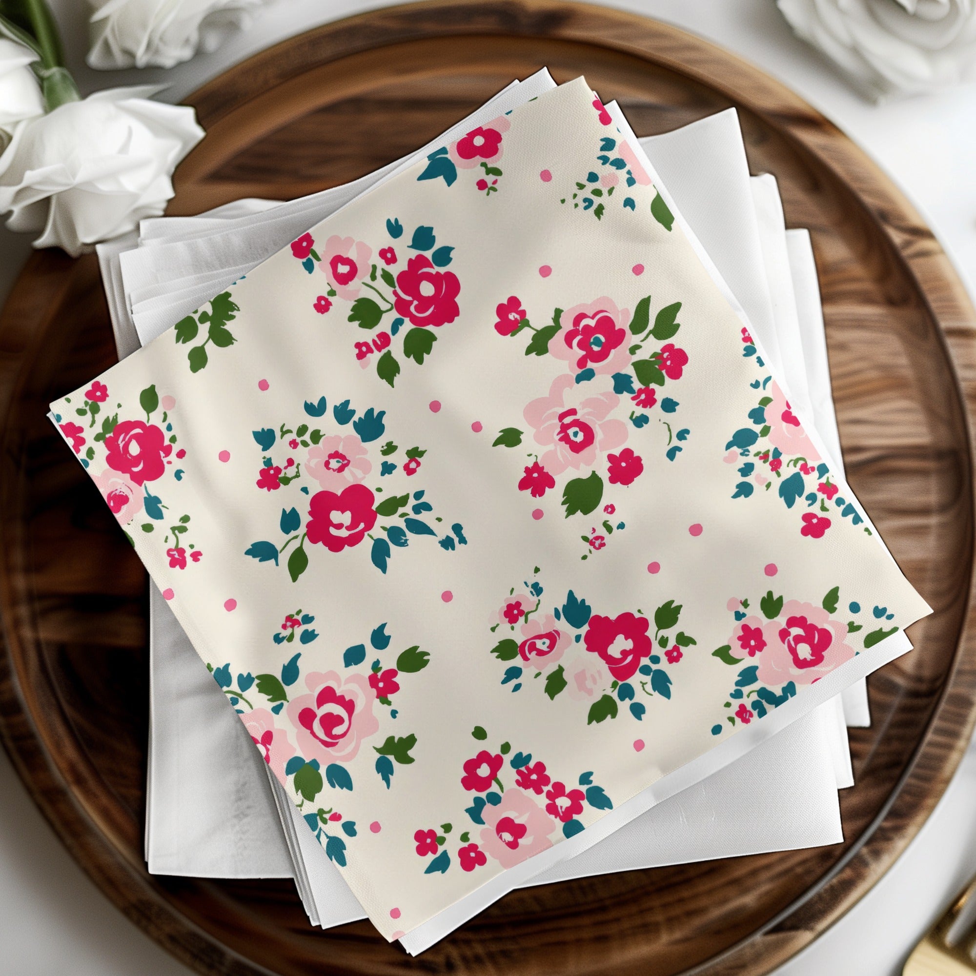 Floral Patterned Napkin with Pink and Green Flowers