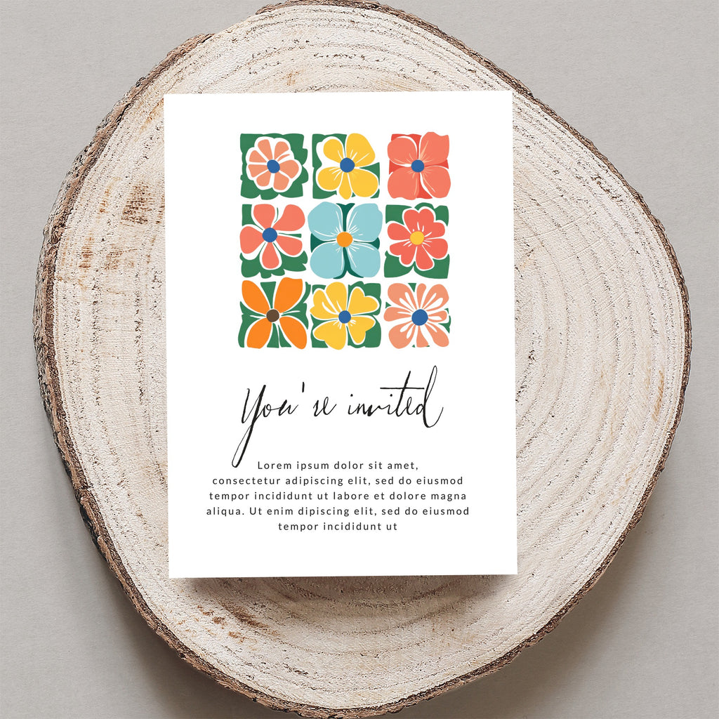 Invitation with floral squares and "You're invited" text.