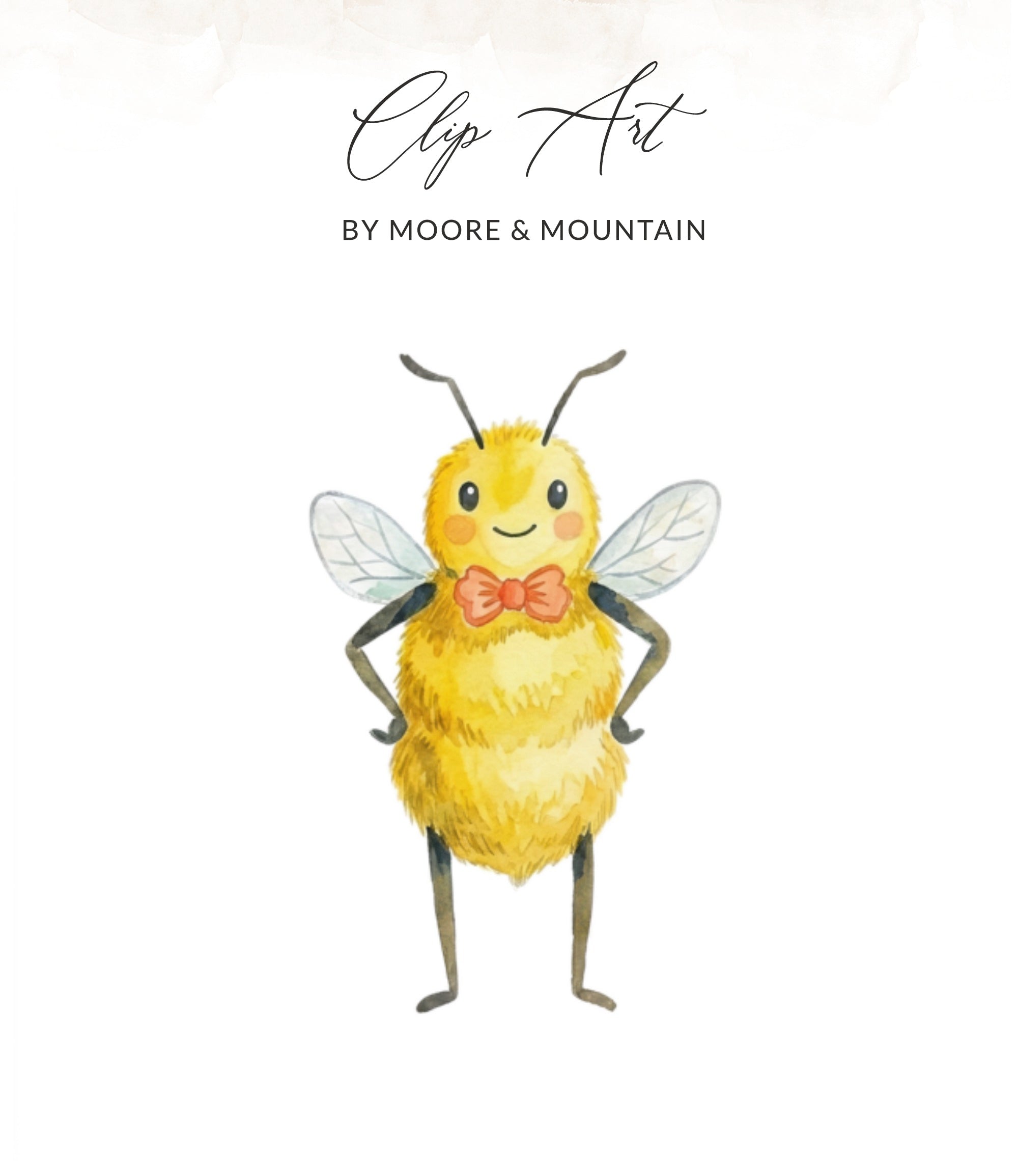 Watercolor clip art of a fuzzy yellow bee wearing a red bow tie.