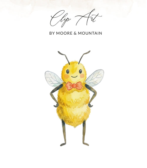 Watercolor clip art of a fuzzy yellow bee wearing a red bow tie.