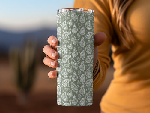 Green and White Paisley Pattern Travel Tumbler