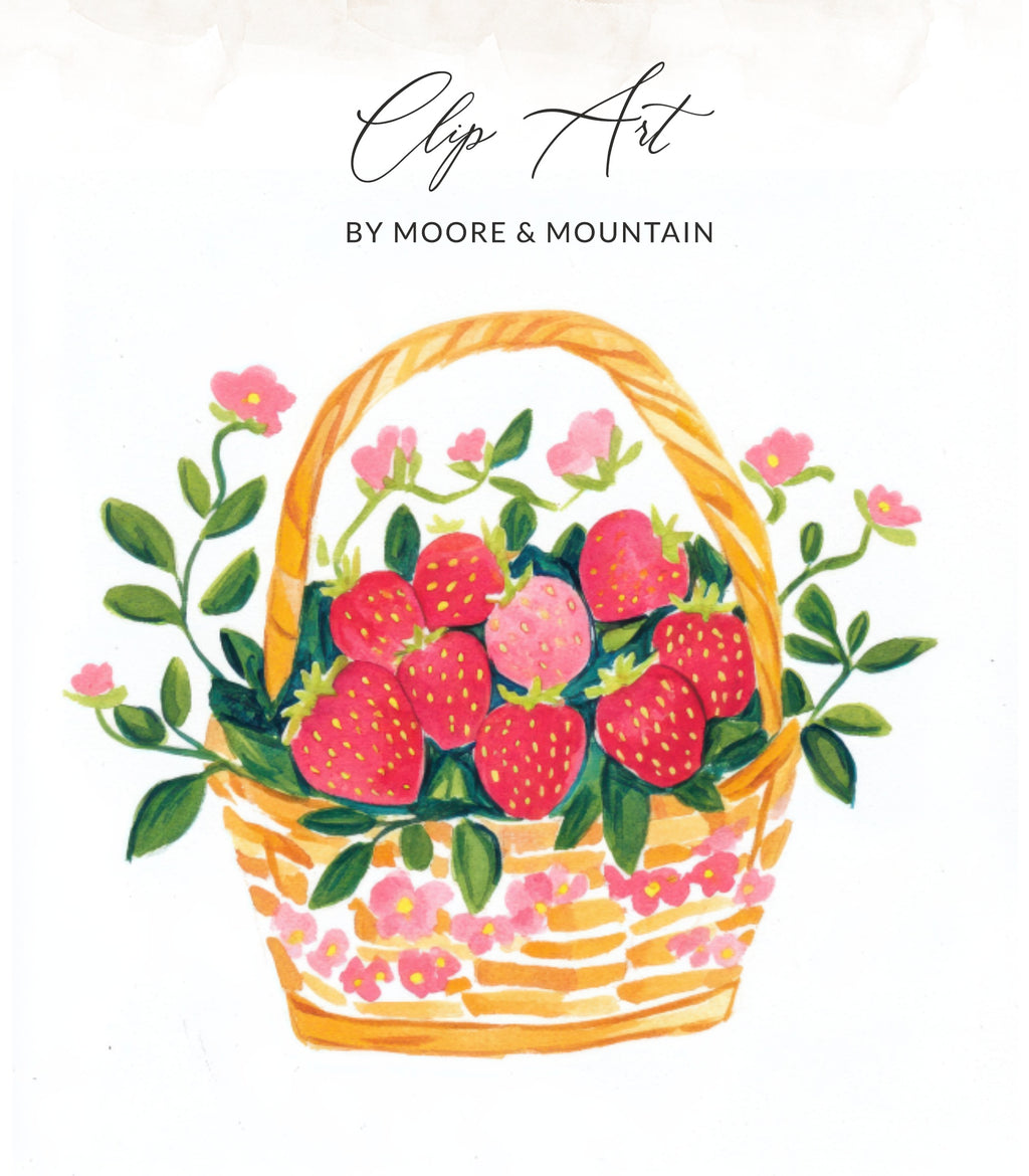 Basket overflowing with strawberries and pink flowers, with "Clip Art by Moore & Mountain" text.