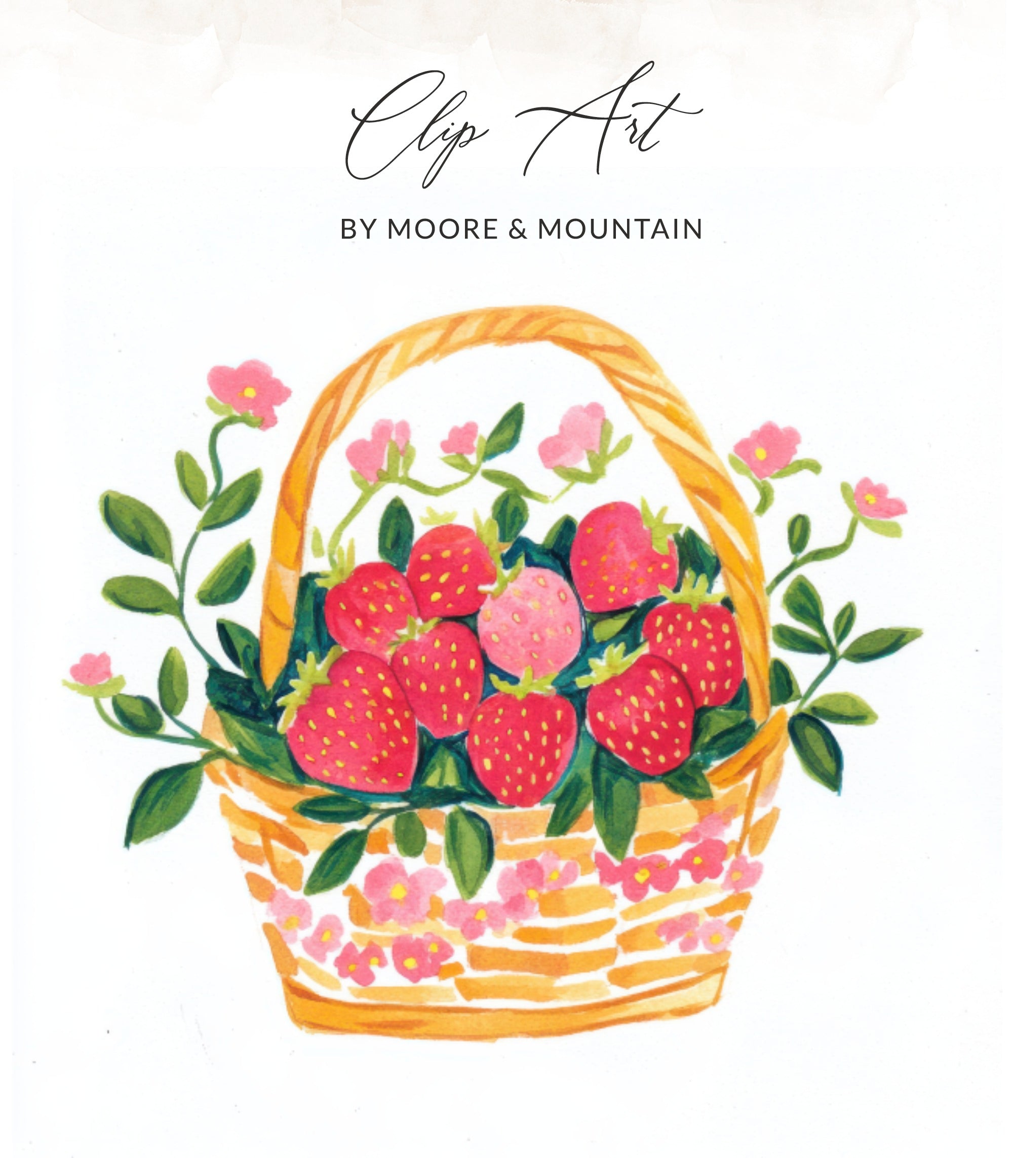 Basket overflowing with strawberries and pink flowers, with "Clip Art by Moore & Mountain" text.