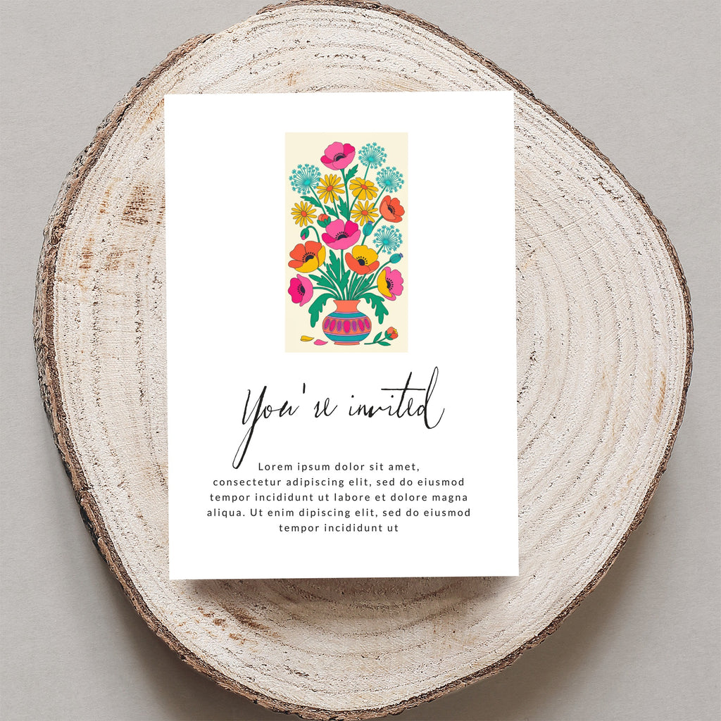 Invitation card with floral illustration and "You're invited" text.