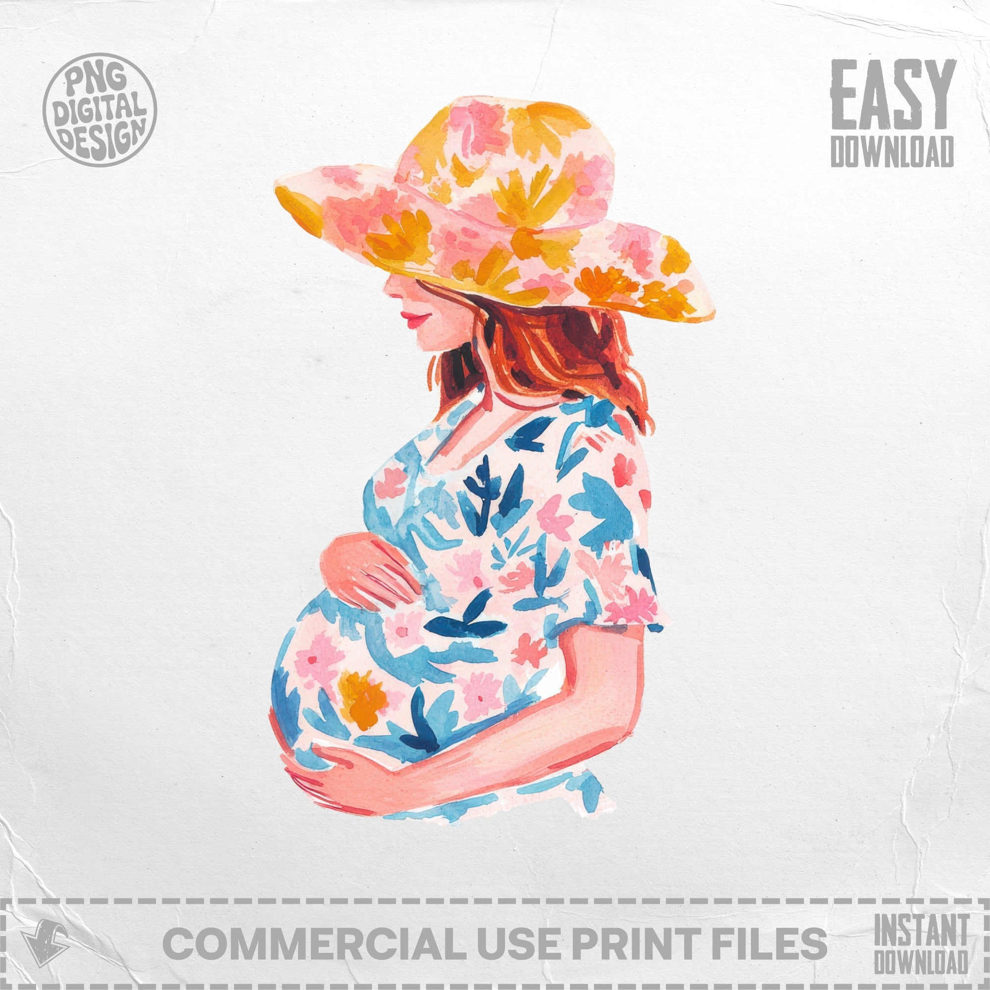 Pregnant woman wearing floral dress and hat, watercolor illustration.