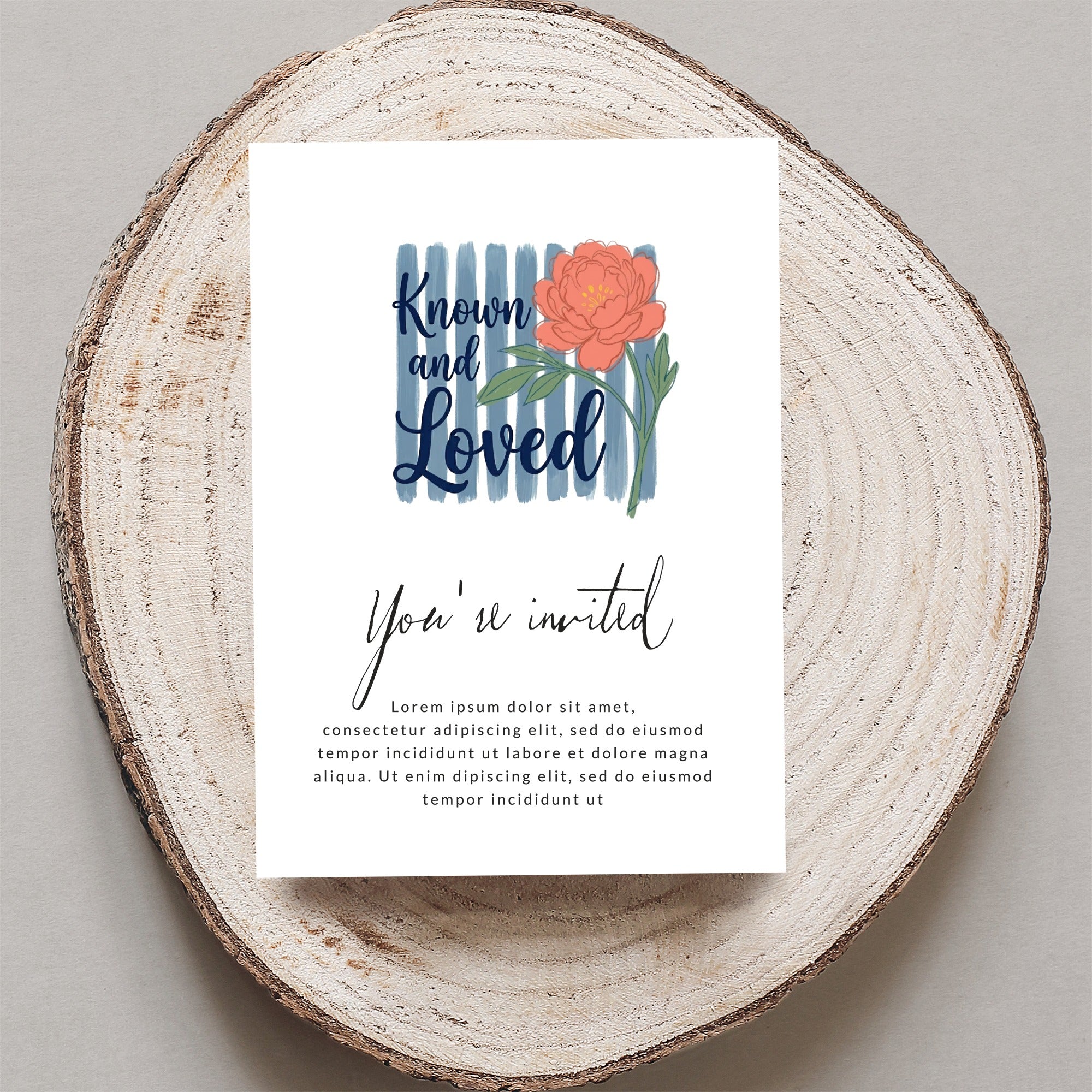 Invitation card with floral illustration and text "Known and Loved You're invited."