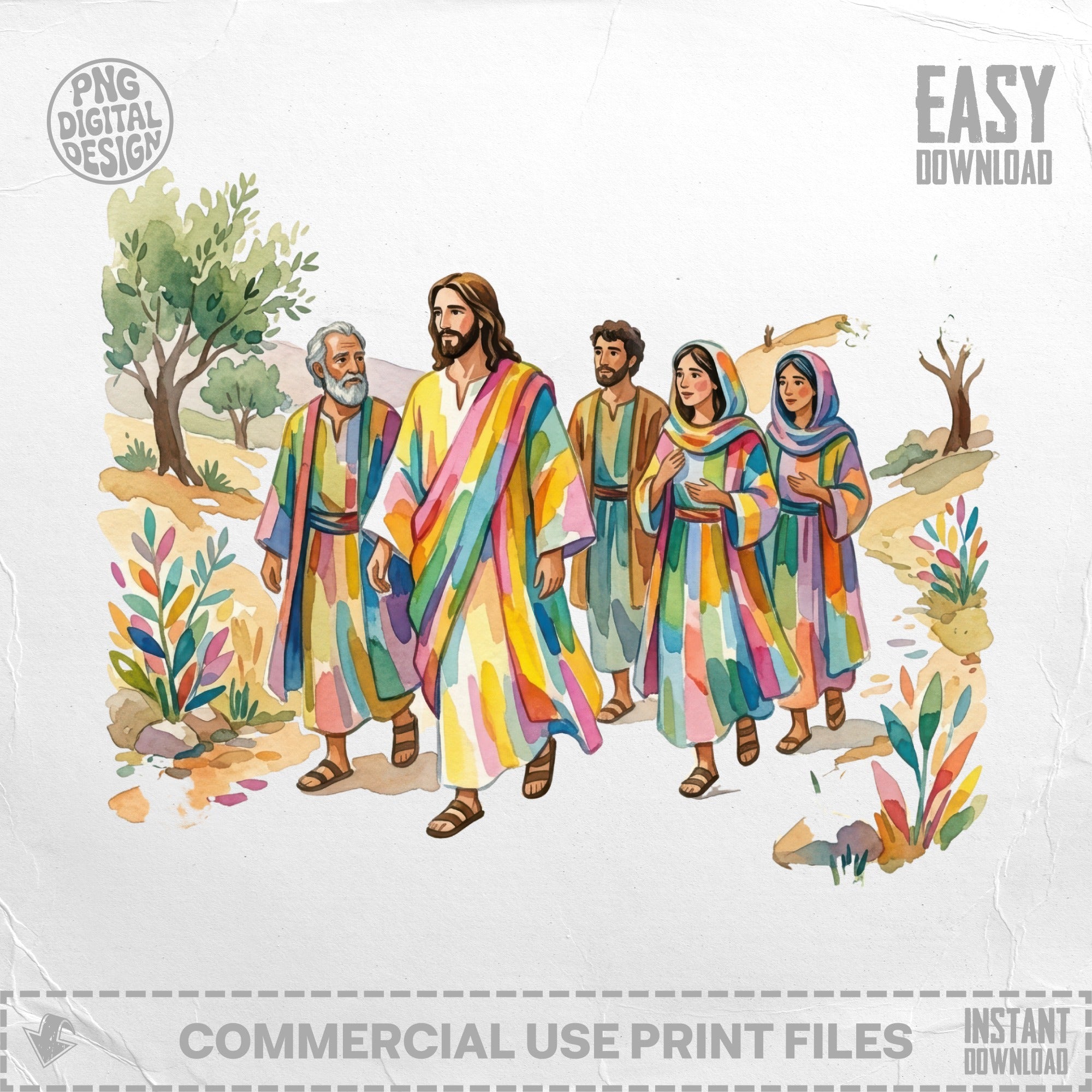 Jesus leads a group of people in colorful robes through a landscape.