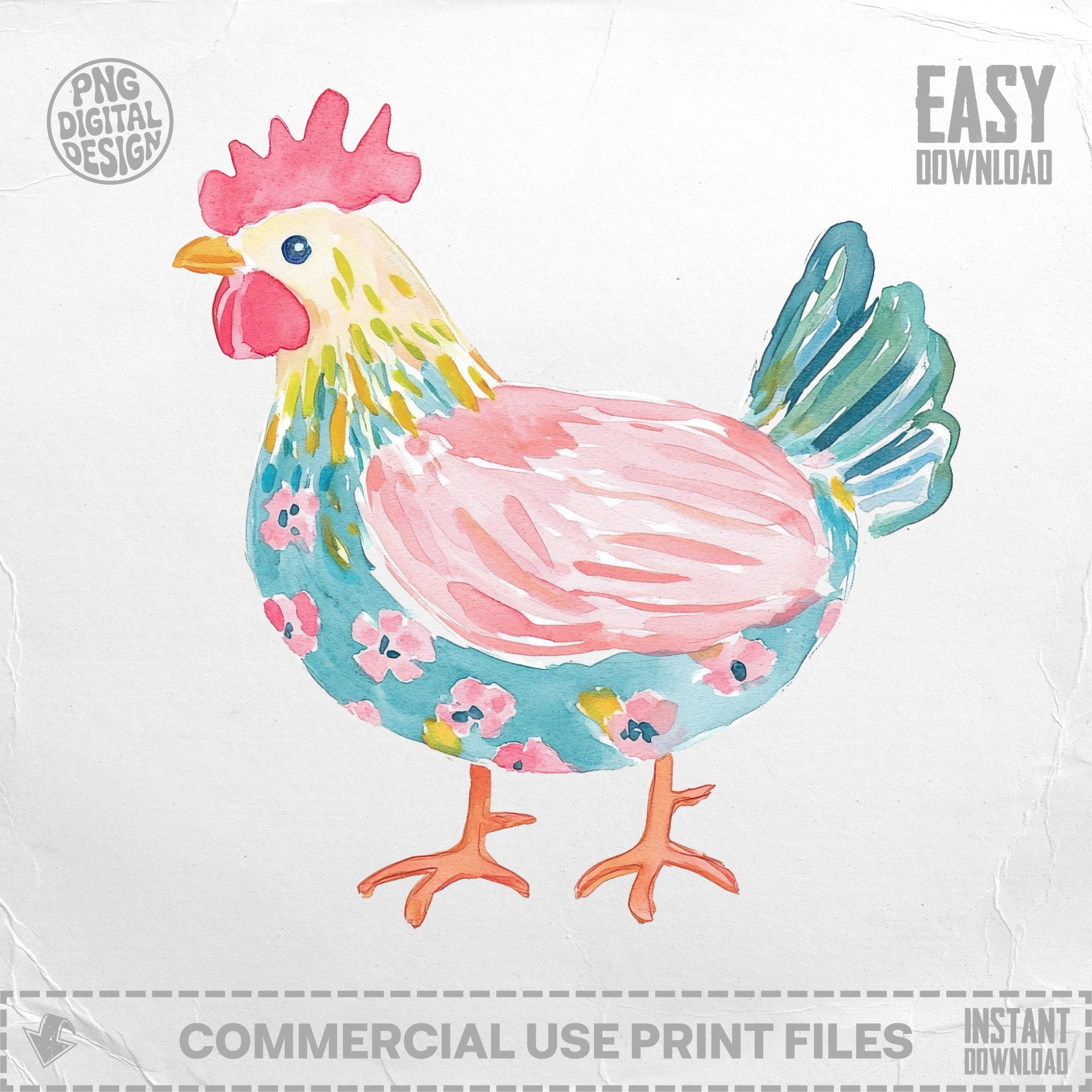 Watercolor illustration of a hen with pink and blue floral pattern.
