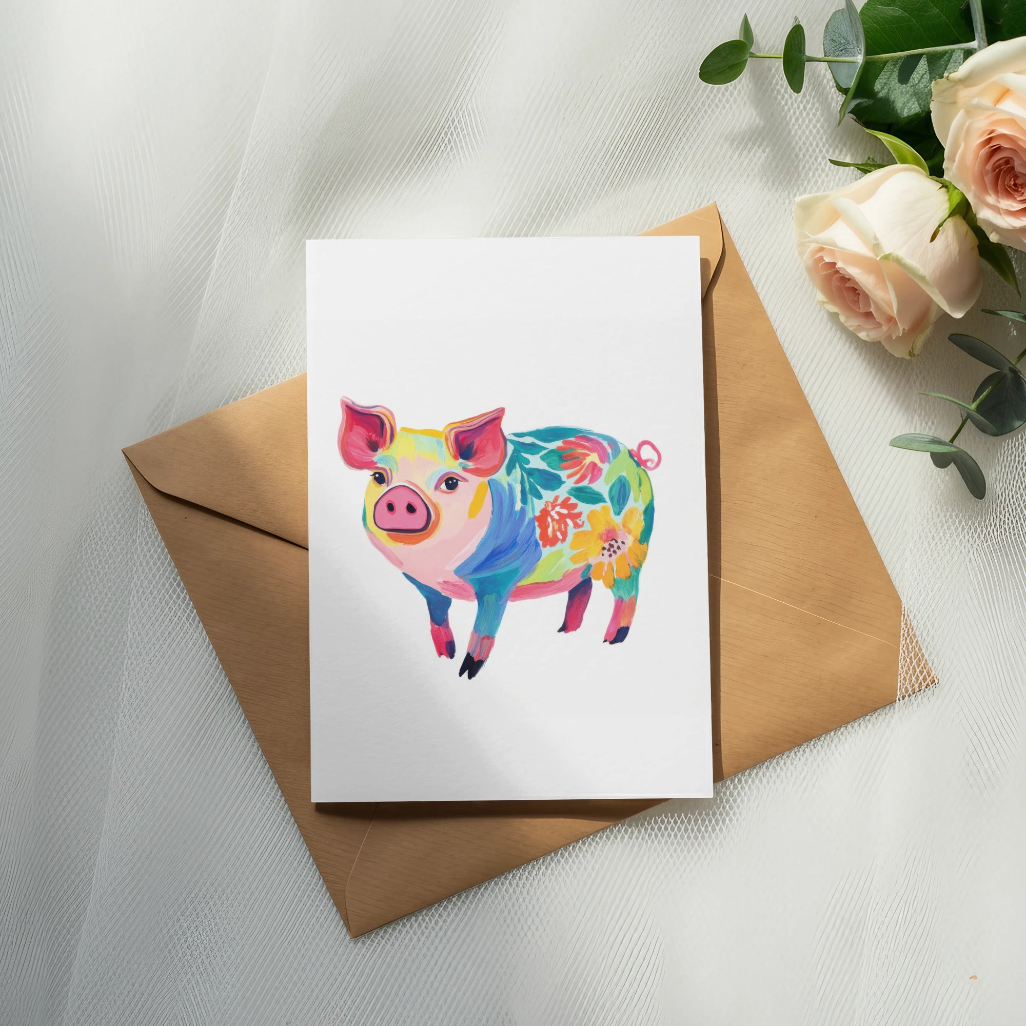 Watercolor illustration of a colorful, floral pig on a white card resting on an envelope.