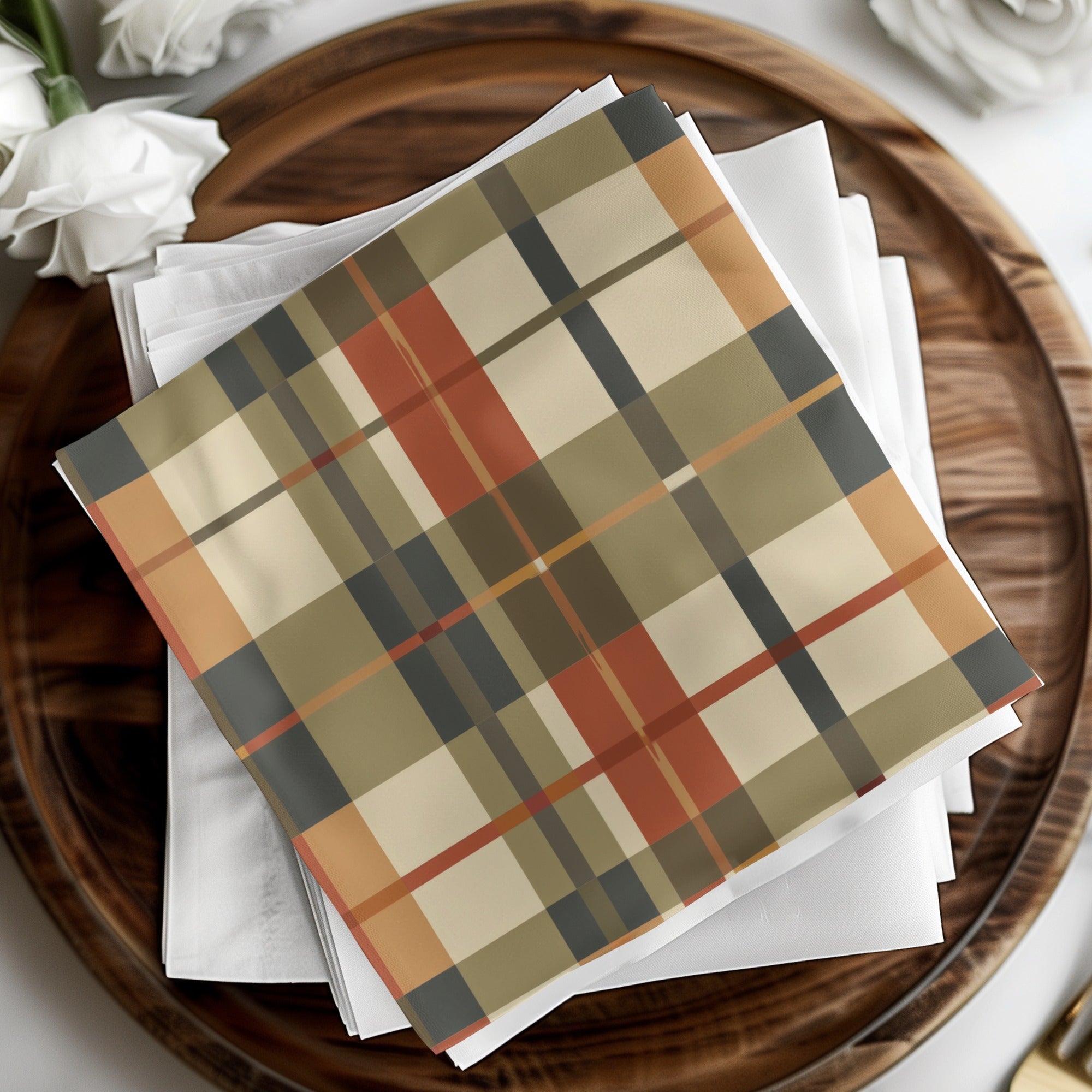 Classic Brown and Orange Plaid Design Napkin Set
