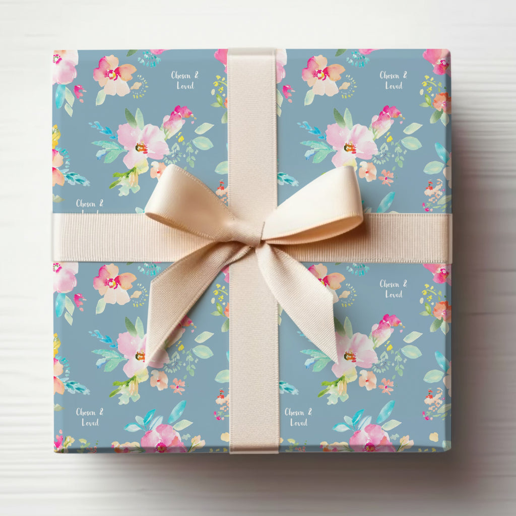 Floral Blue Gift Wrap with Ribbon and Flowers Design