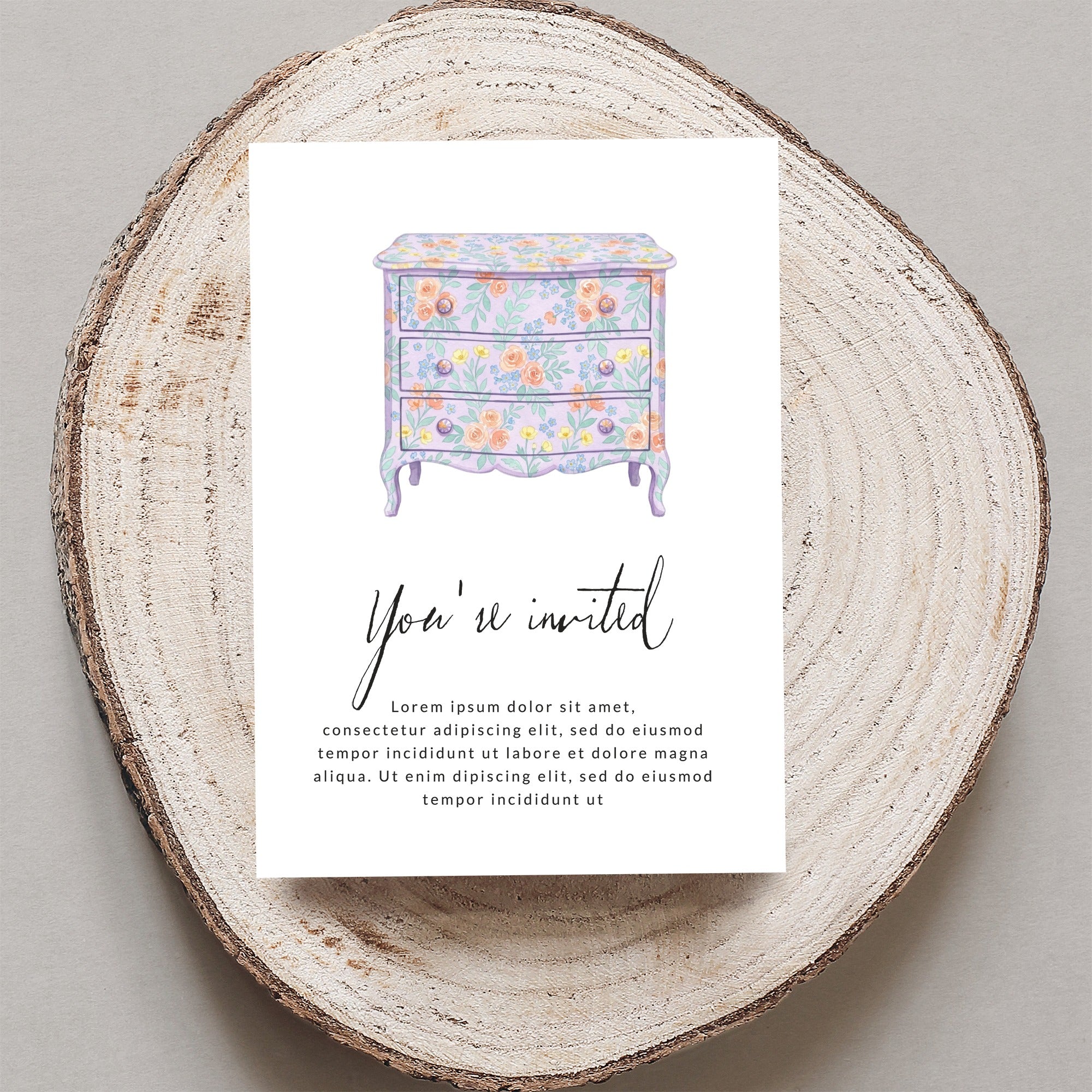 Invitation with floral dresser illustration and placeholder text.