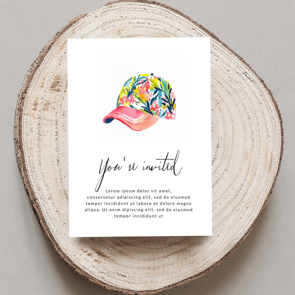 Invitation card with floral baseball cap illustration and placeholder text.