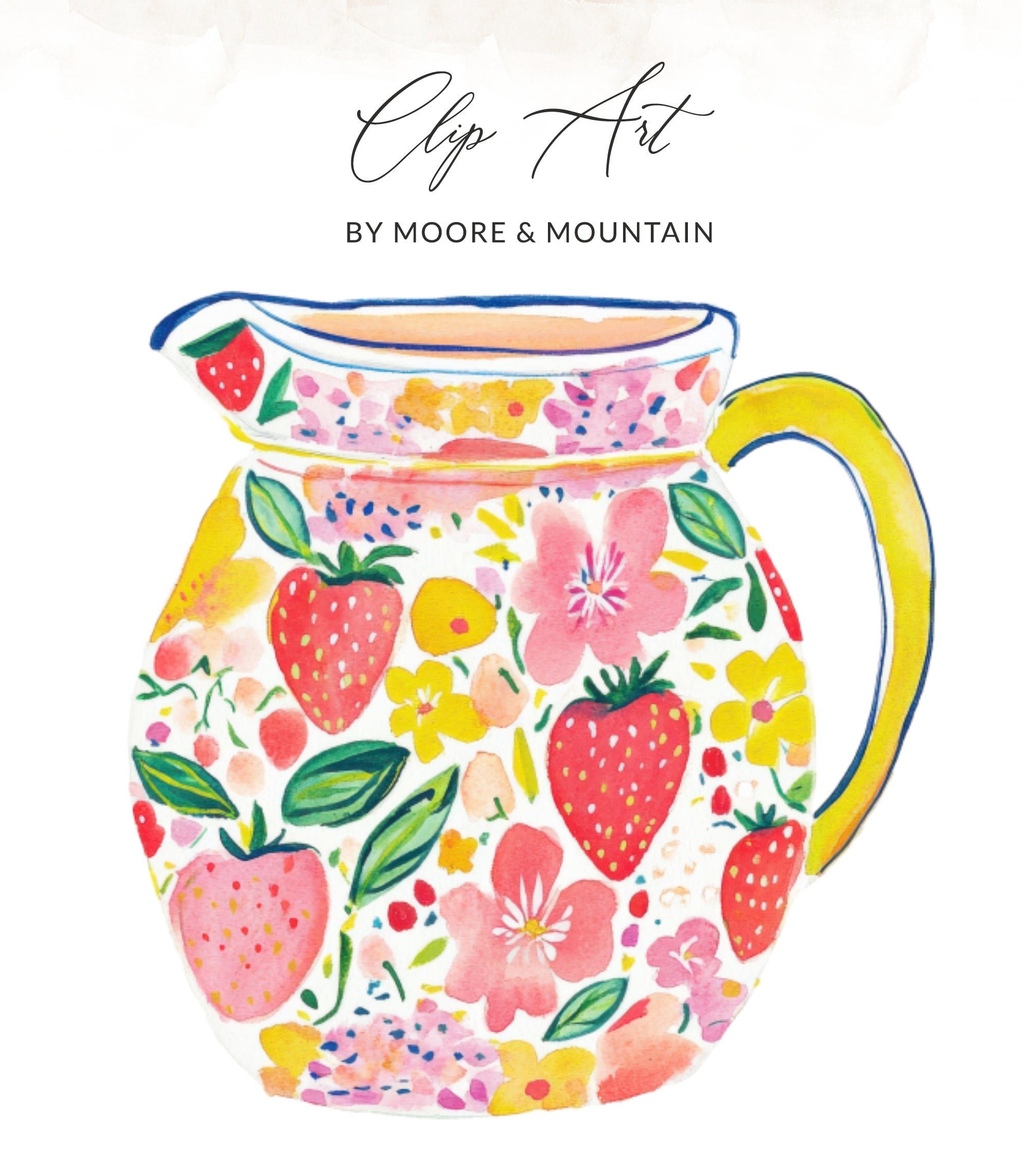 Watercolor pitcher with strawberries and flowers, "Clip Art by Moore & Mountain".