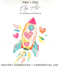 Watercolor rocket with hearts and colorful flames, PNG + SVG, INSTANT DOWNLOAD.