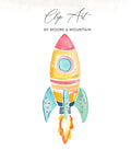Watercolor rocket with flames and stars, "Clip Art" title.