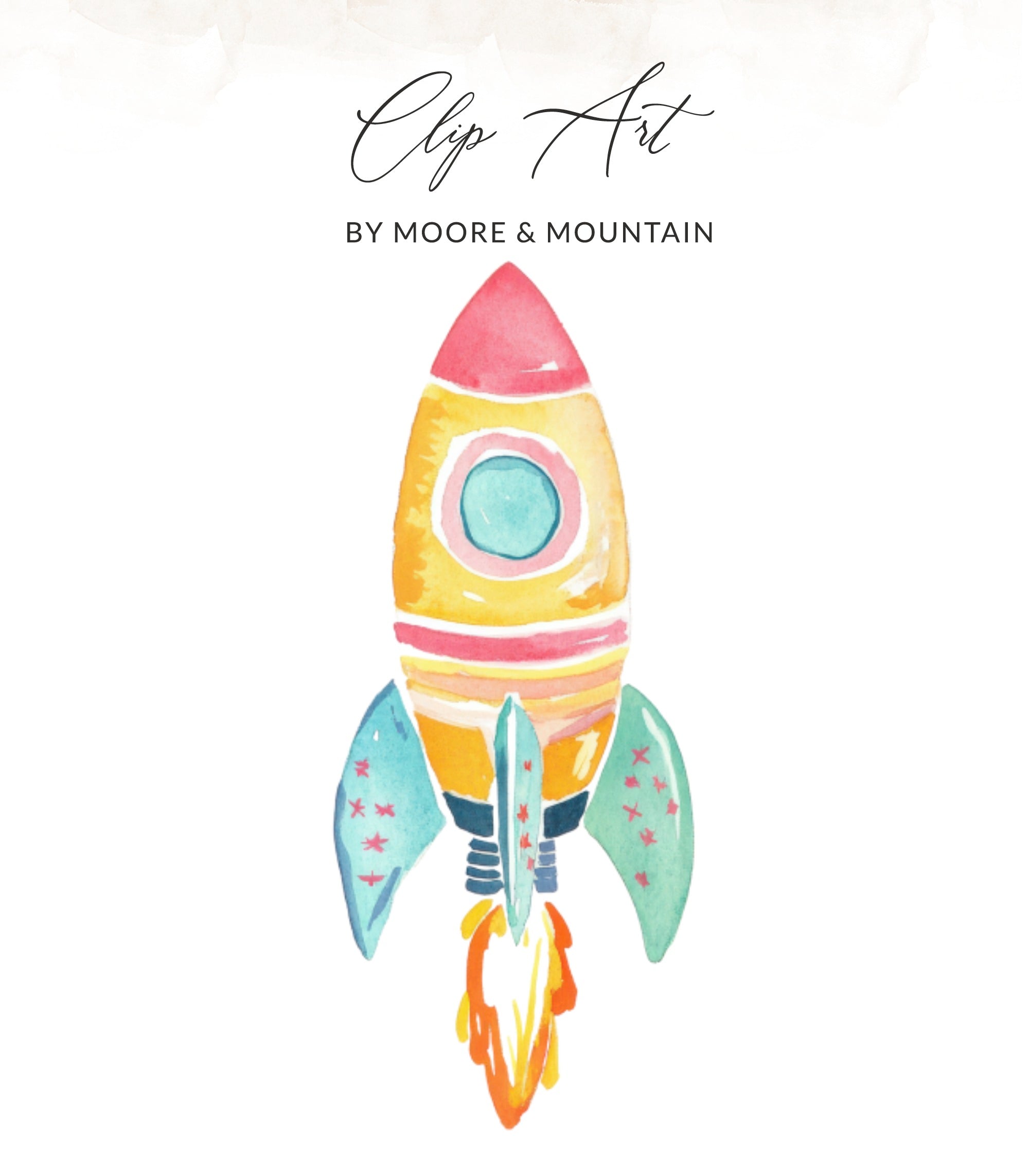 Watercolor rocket with flames and stars, "Clip Art" title.