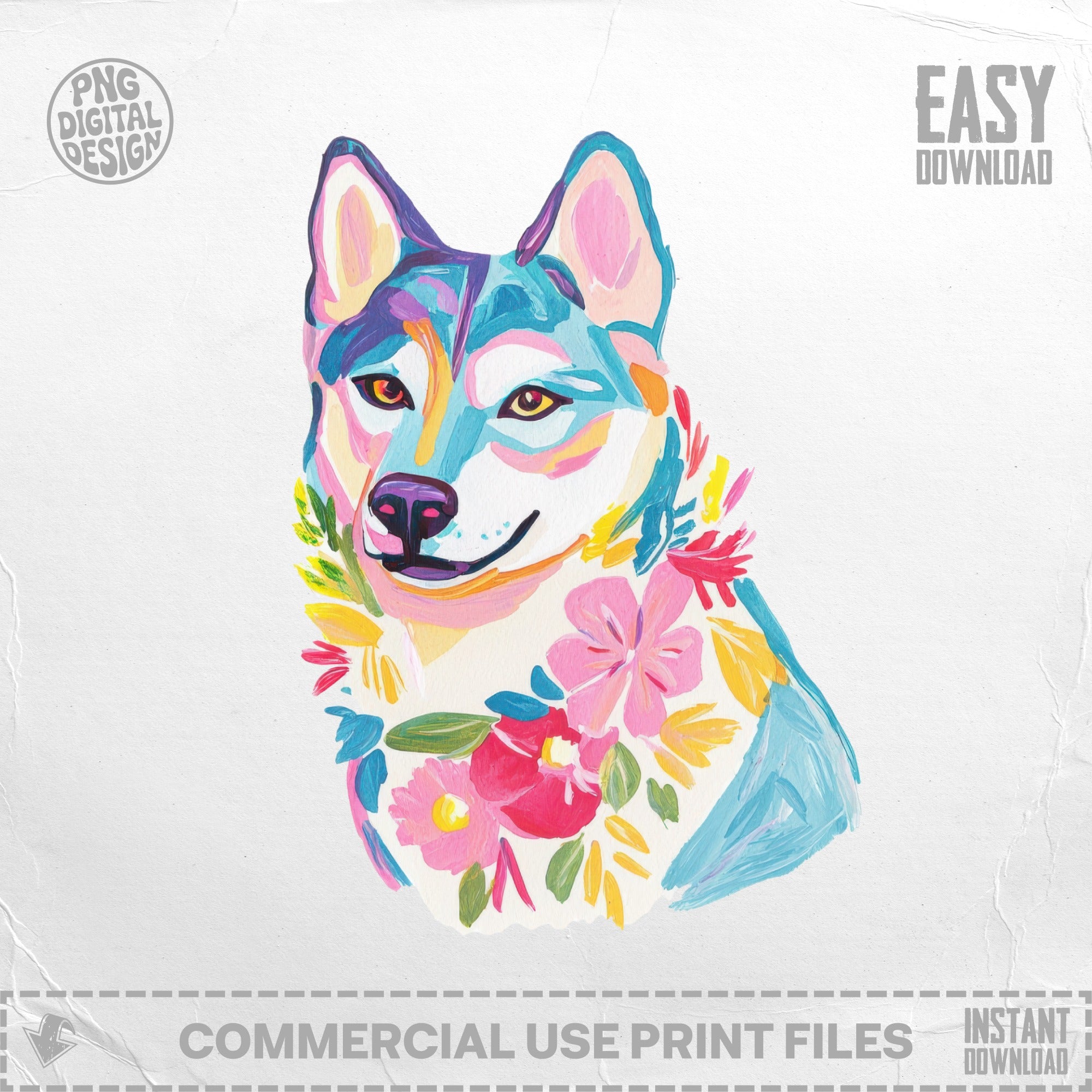 Colorful husky with floral garland, "EASY DOWNLOAD" text.