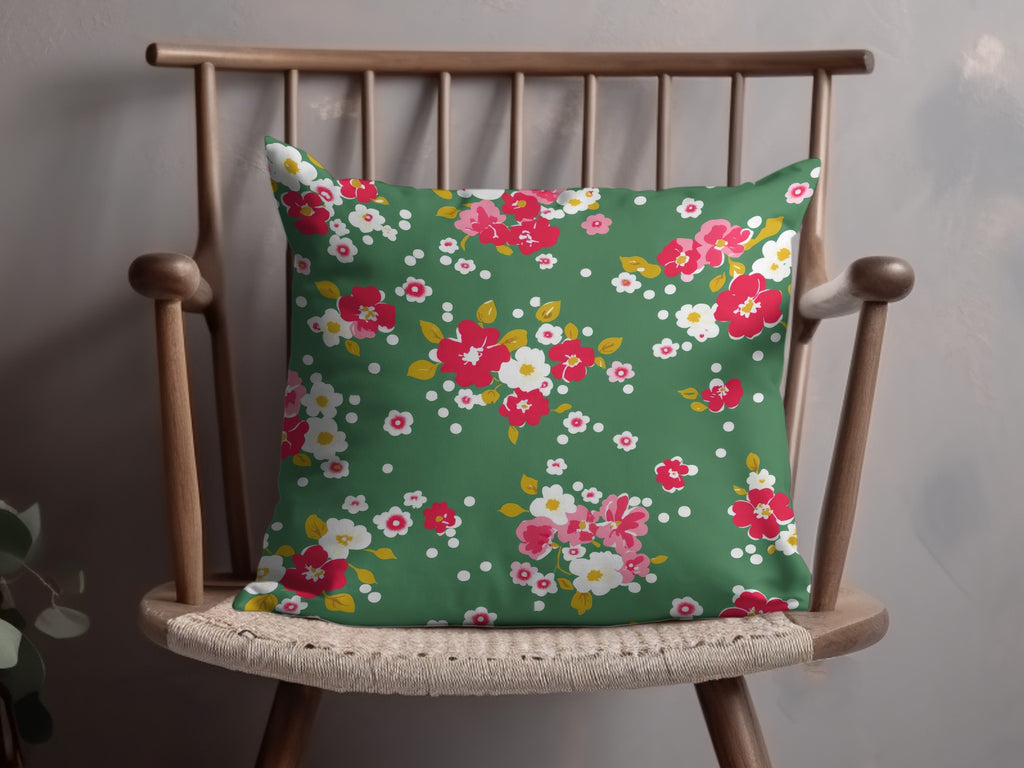 Floral Green Cushion with Colorful Flower Pattern Pillow