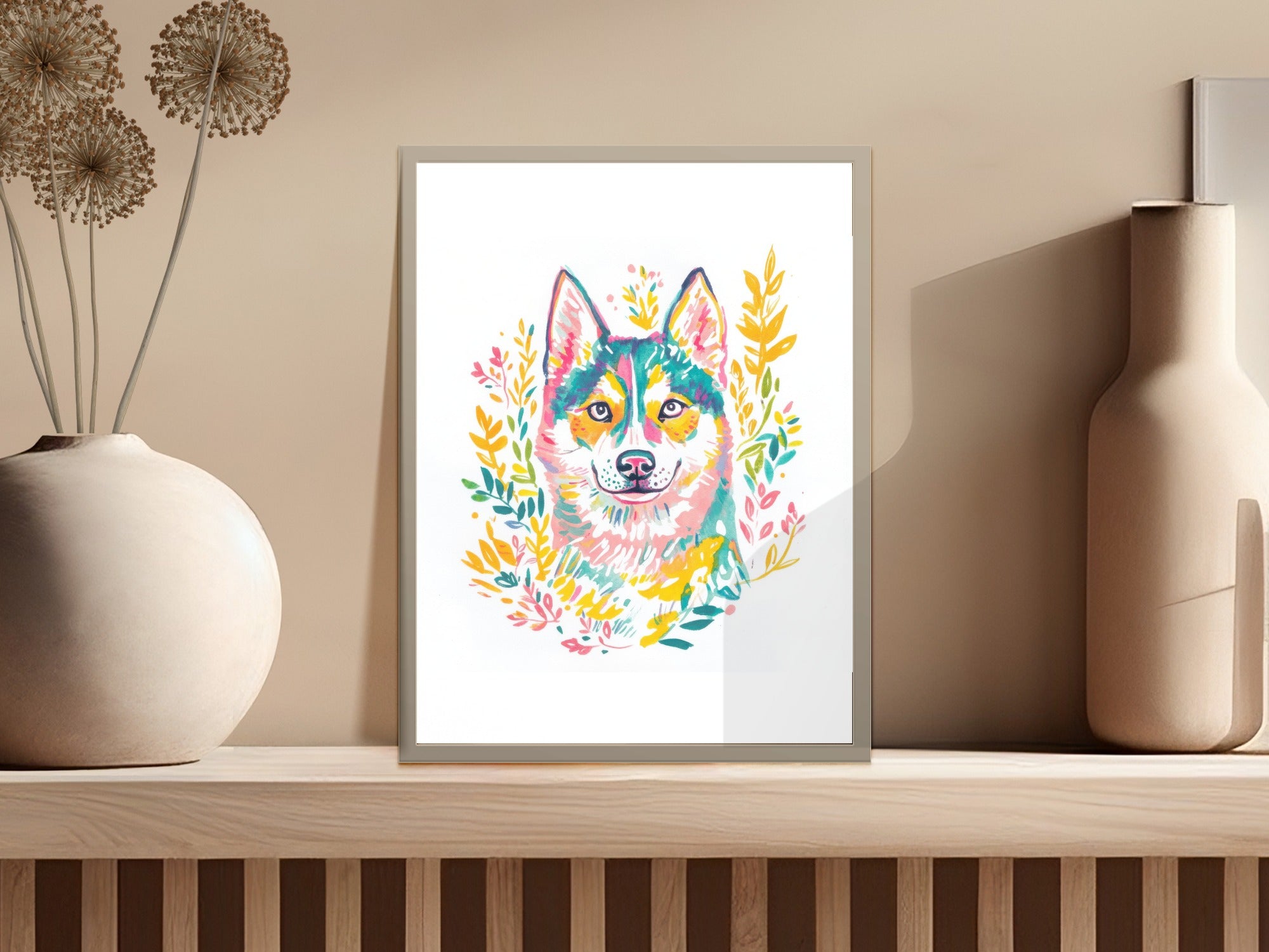 Watercolor portrait of a husky dog with colorful floral accents in a frame.
