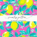 Seamless pattern of bright lemons and leaves on a pink background.