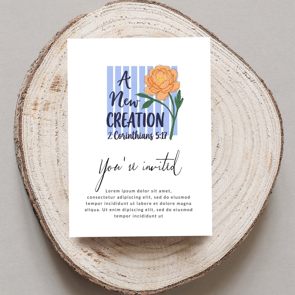Invitation with floral graphic and "A New Creation" text.