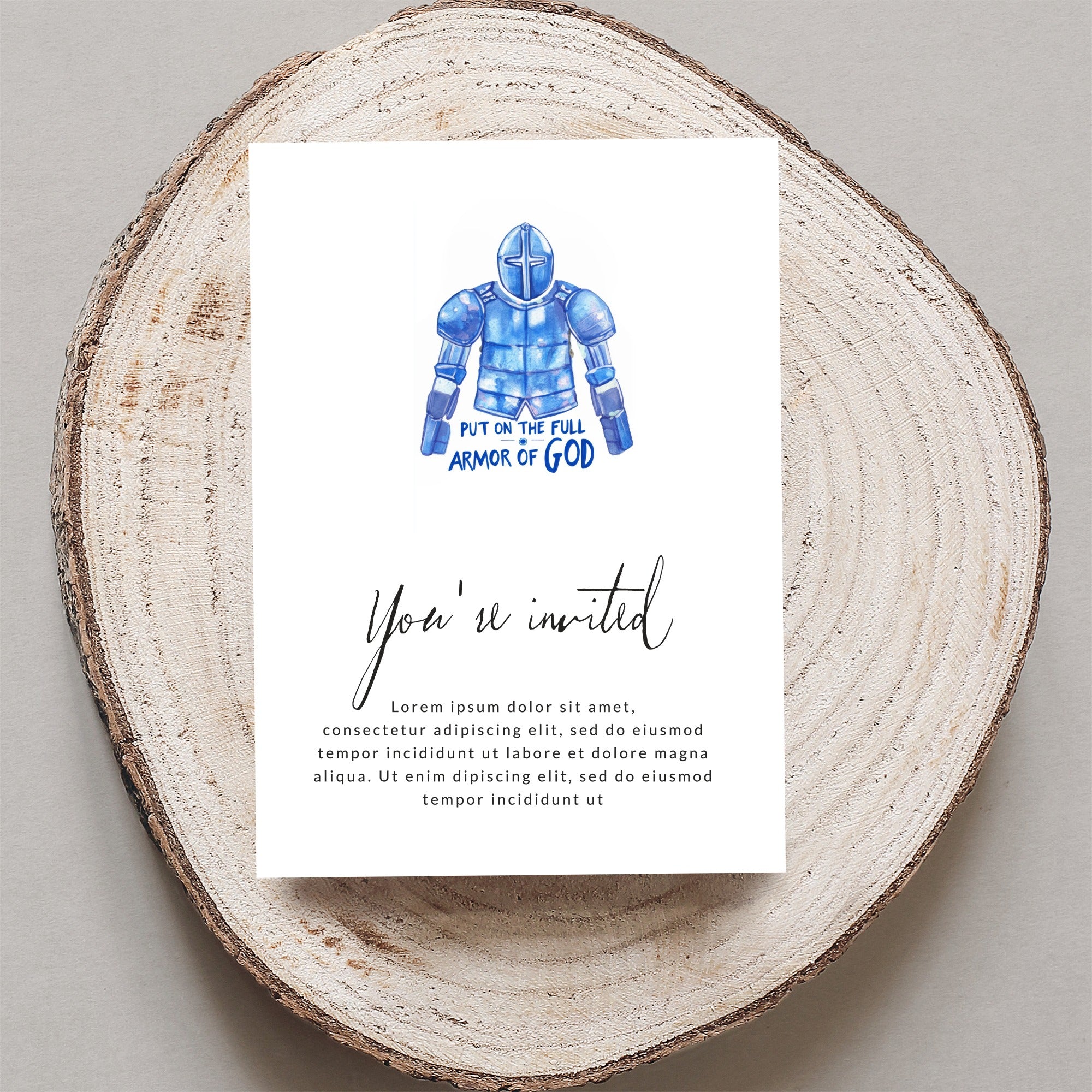 Invitation with blue armor graphic and "Put on the full armor of God" text.