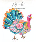 Watercolor turkey illustration with colorful feathers and text "Clip Art by Moore & Mountain".