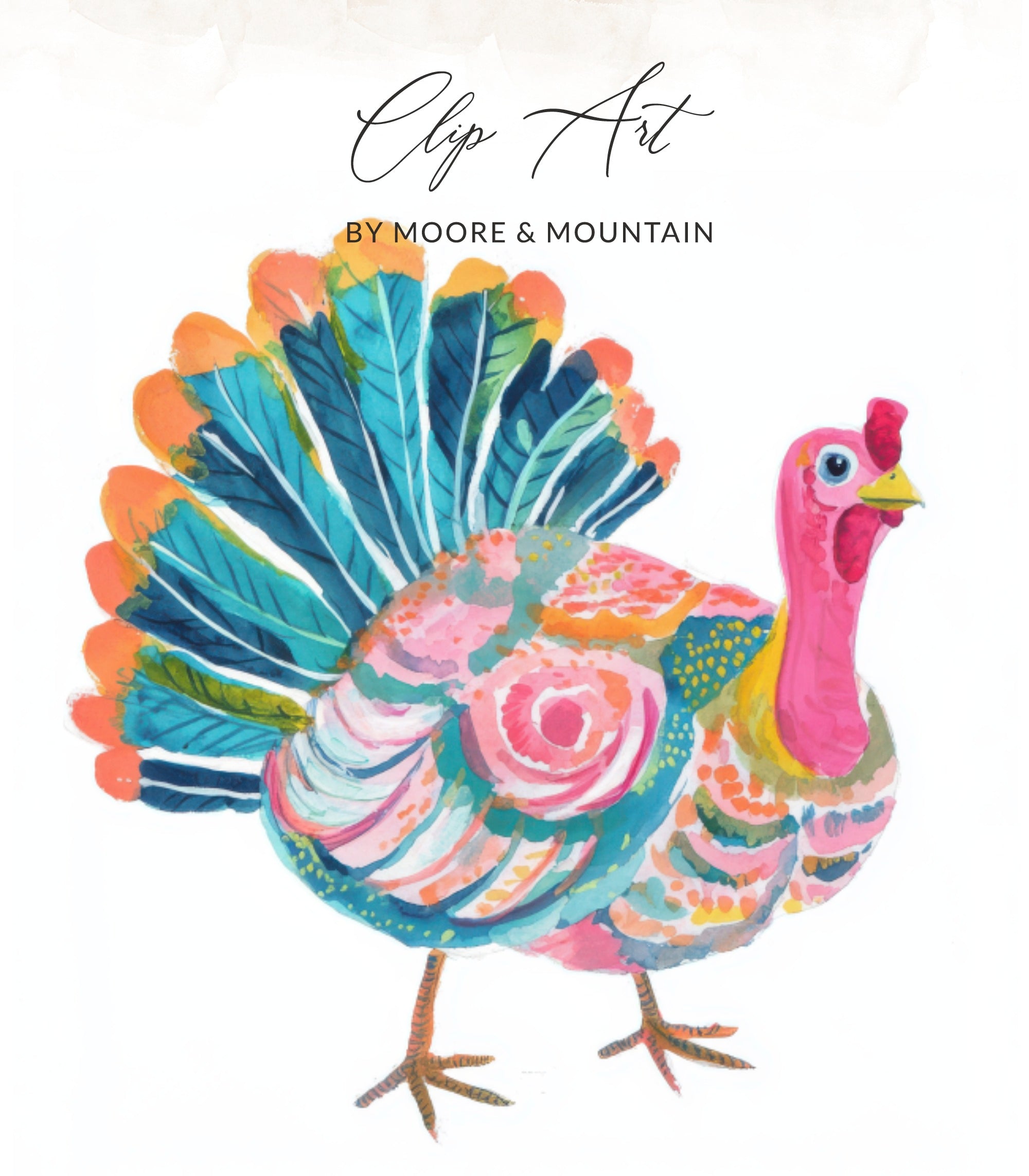 Watercolor turkey illustration with colorful feathers and text "Clip Art by Moore & Mountain".