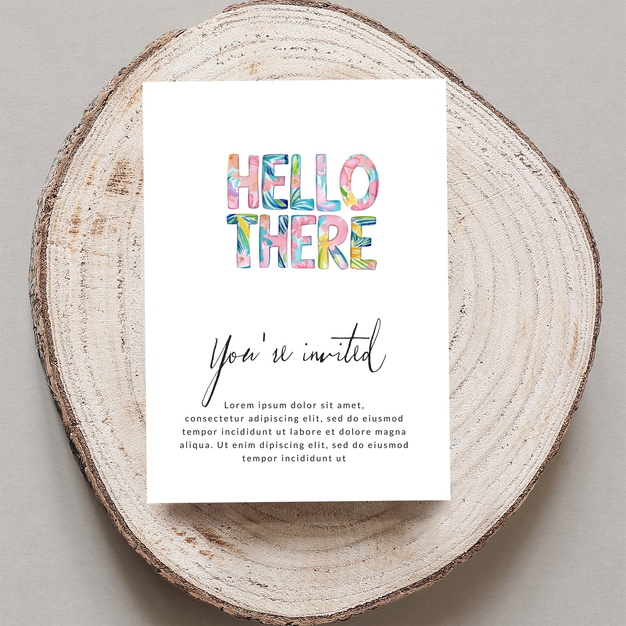 Card with "HELLO THERE" in colorful letters and "You're invited" text.
