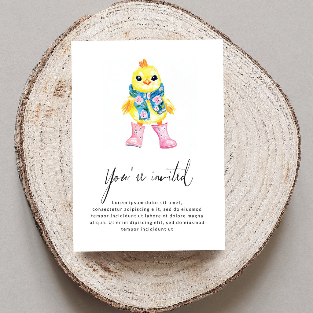 Chick wearing scarf and boots on an invitation.