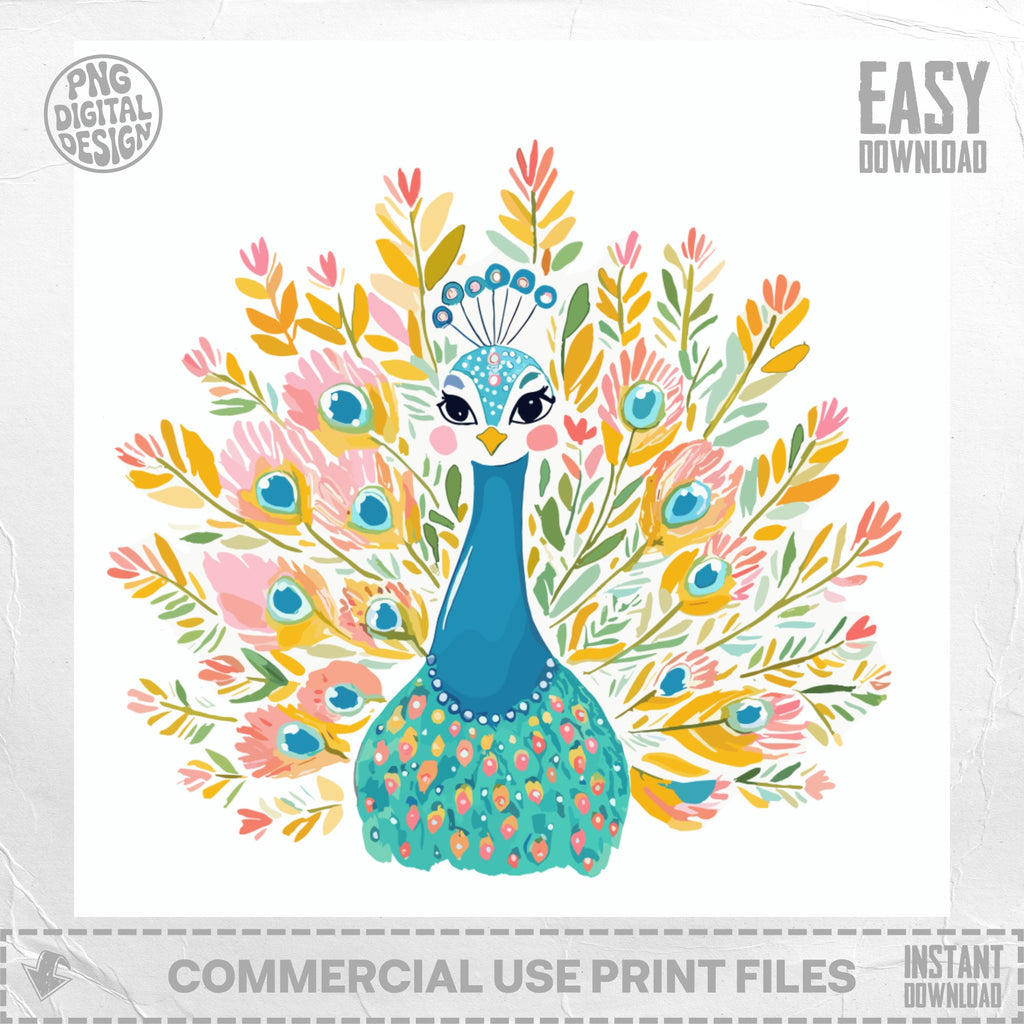 Watercolor peacock with colorful fan tail and "Easy Download" text.