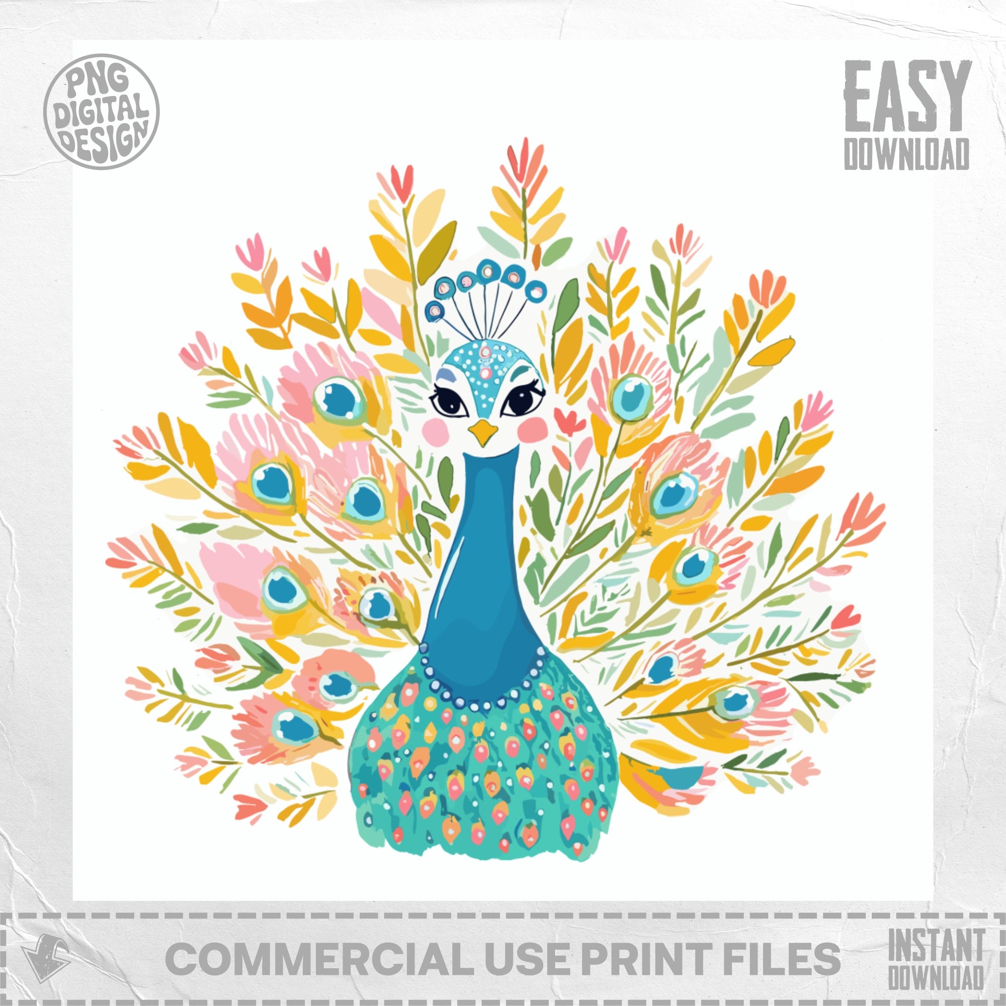 Watercolor peacock with colorful fan tail and "Easy Download" text.