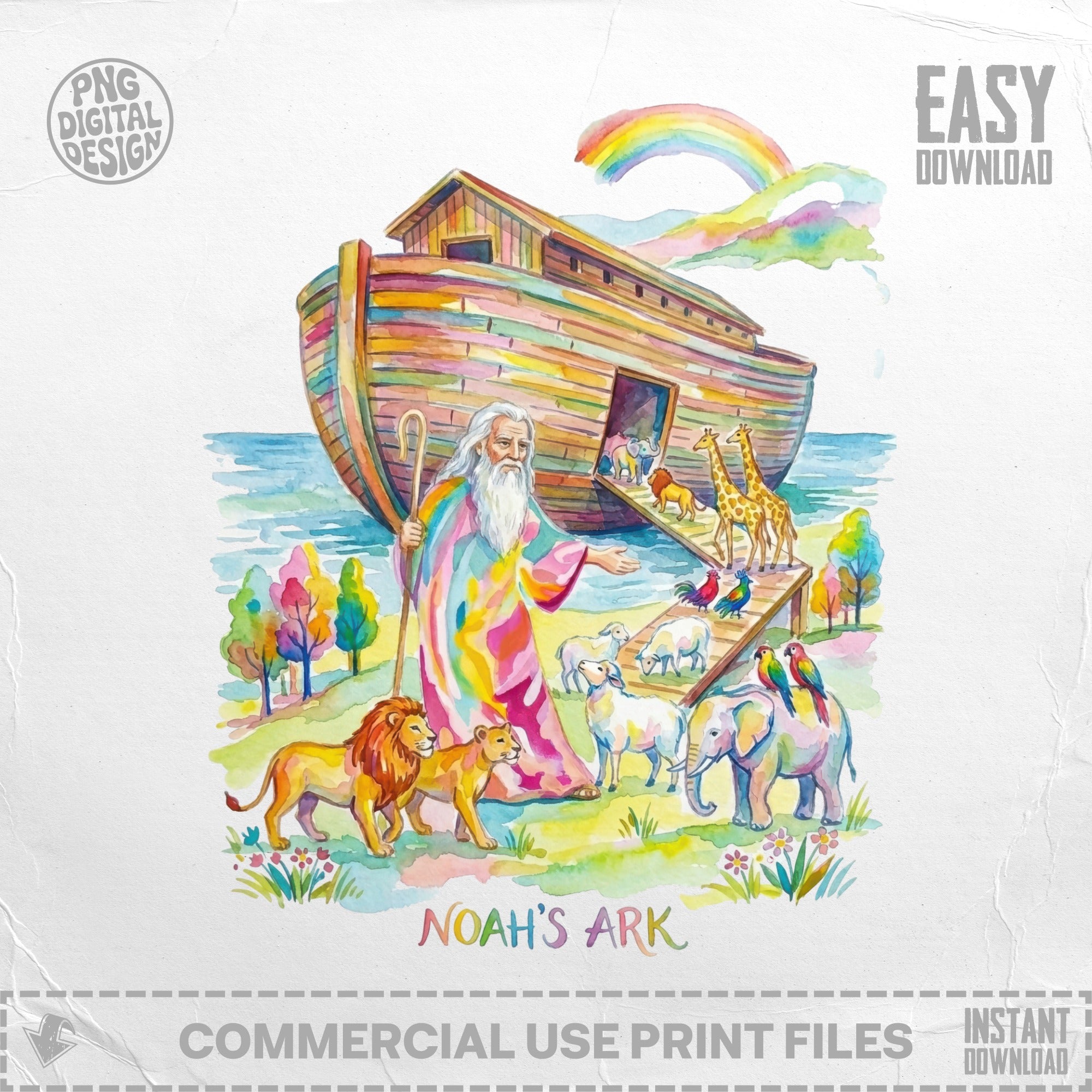 Noah's Ark with animals and rainbow, watercolor style.