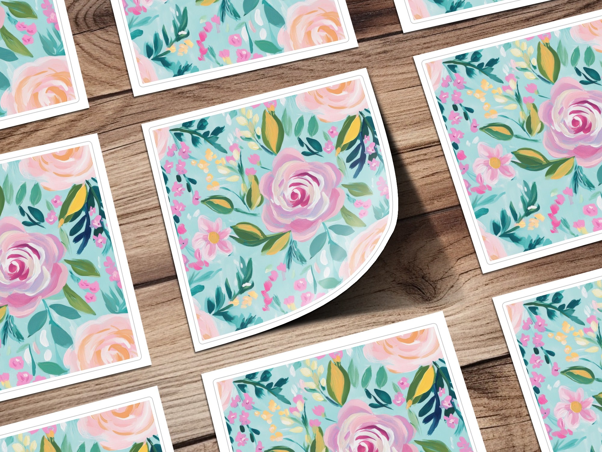 Pink Rose Acrylic Seamless Pattern, Aqua Floral Digital Paper, Modern Gouache Painted Flowers, Fine Art Floral Design