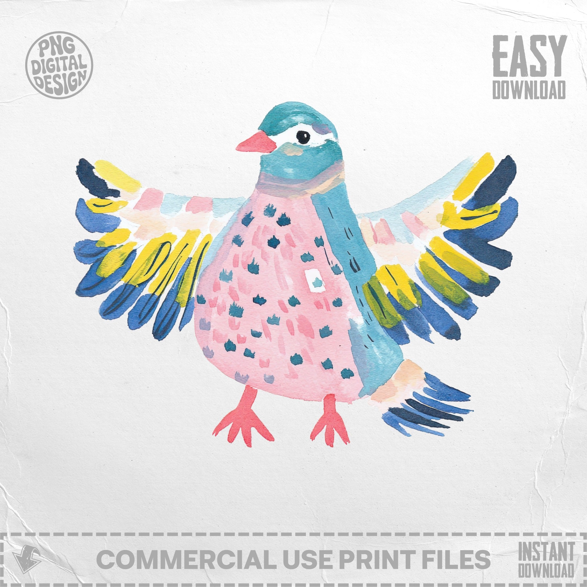 Watercolor illustration of a colorful bird with pink, blue, yellow, and teal wings.
