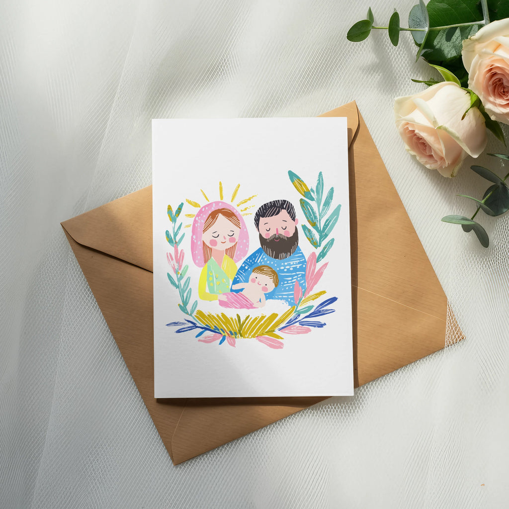 Illustration of a family with a baby, surrounded by colorful leaves.