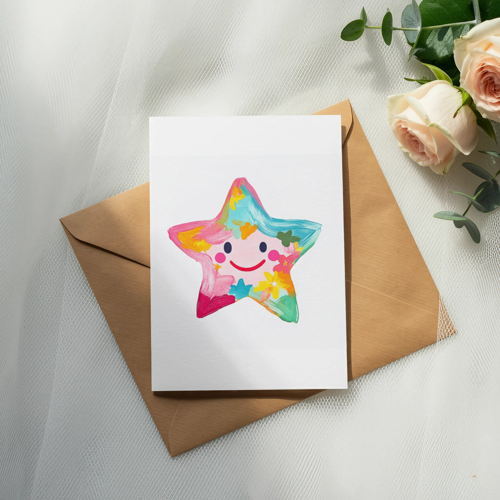 Colorful painted star card with smiling face on brown envelope.