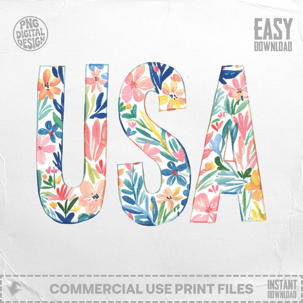 Floral watercolor "USA" lettering with "Easy Download" and "Commercial Use Print Files".