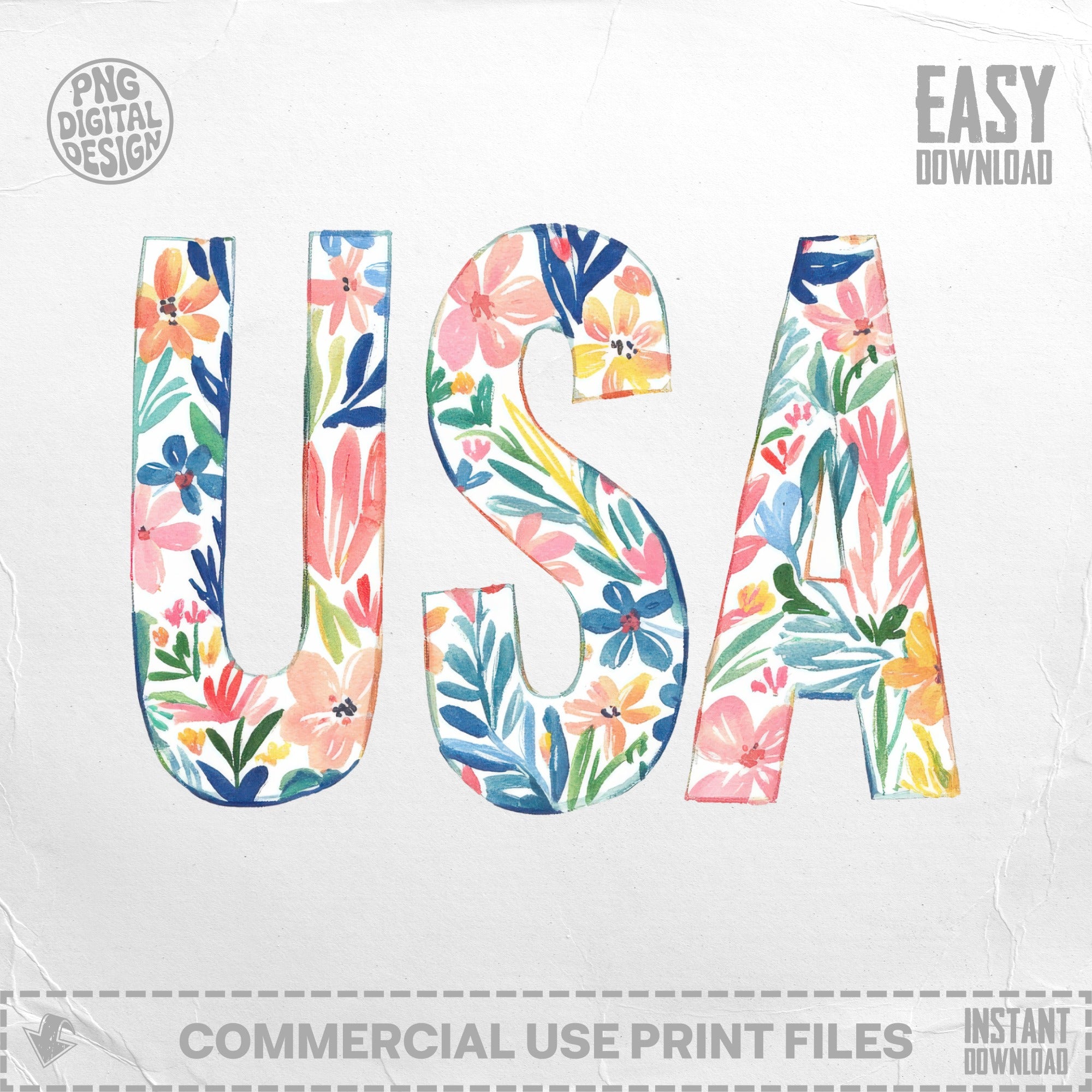 Floral watercolor "USA" lettering with "Easy Download" and "Commercial Use Print Files".